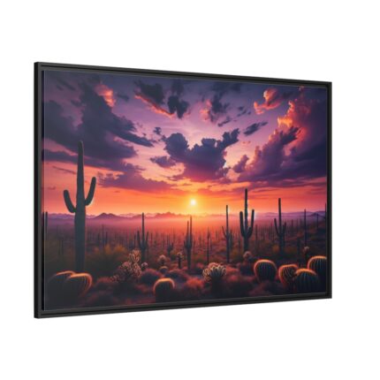 Cacti and Red Sky in Desert Framed Canvas