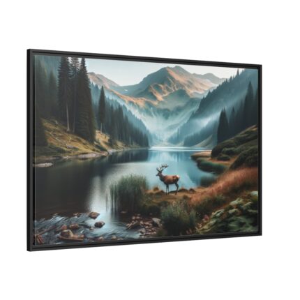 Deer by a Mountain Lake Framed Canvas