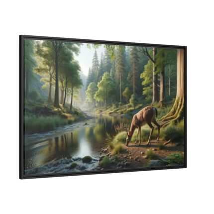 Deer By a River In a Forest Framed Canvas