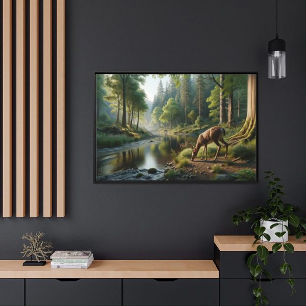 88289-294.jpg Deer By a River In a Forest Framed Canvas