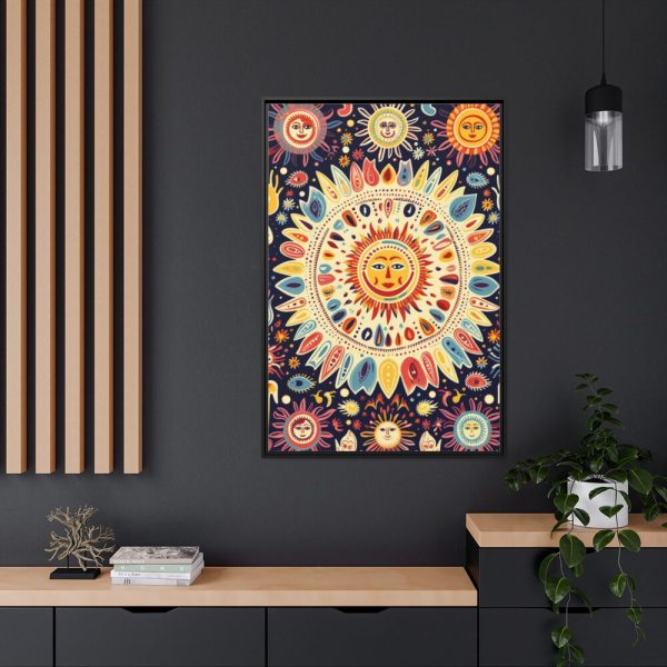 88299-9.jpg Orange, Yellow and Blue Illustration of Suns Framed Canvas