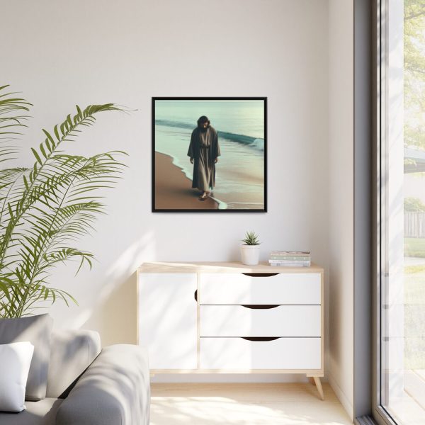 88302-153.jpg Person Walking at the Edge of the Surf on a Beach Framed Canvas