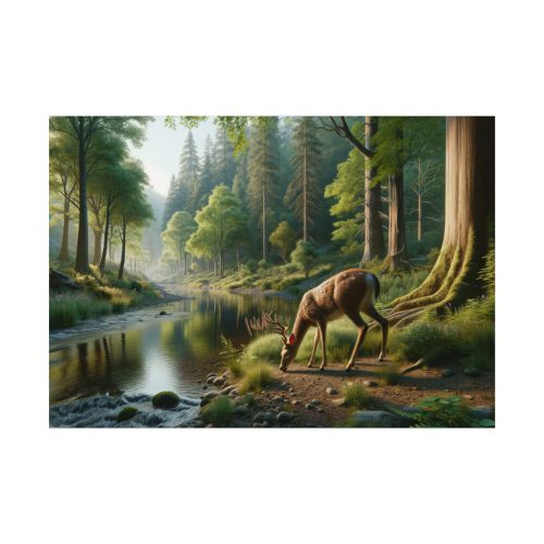 Deer By a River In a Forest Poster