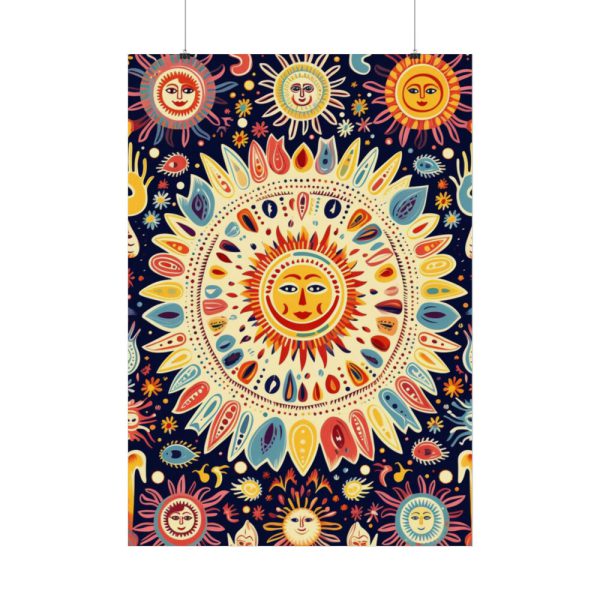 Orange, Yellow and Blue Illustration of Suns Poster