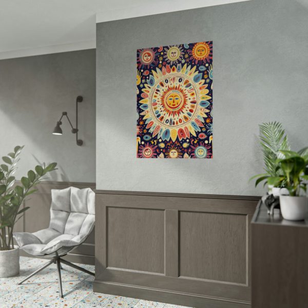Orange, Yellow and Blue Illustration of Suns Poster
