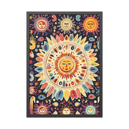 Orange, Yellow and Blue Illustration of Suns Framed Poster