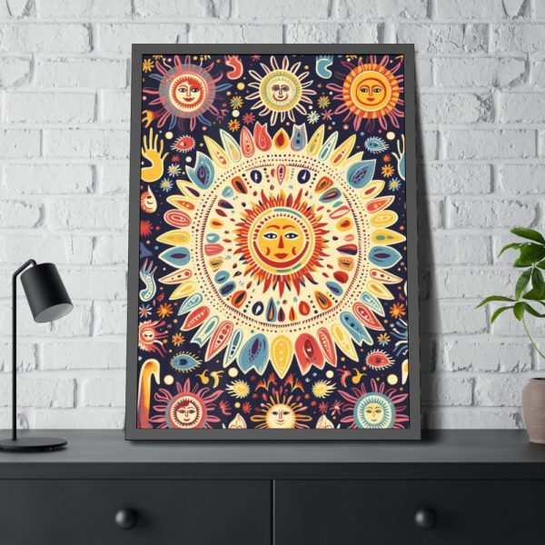 93830-7.jpg Orange, Yellow and Blue Illustration of Suns Framed Poster