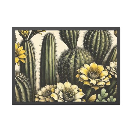 Vintage-Style Illustration of Cacti With Yellow Flowers Framed Poster
