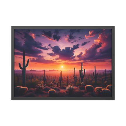 Cacti and Red Sky in Desert Framed Poster
