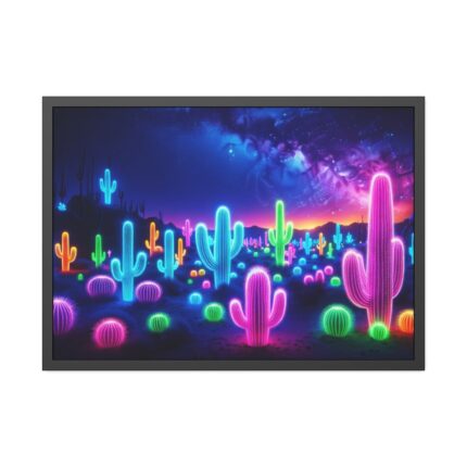 Multicolor Bioluminescent Neon Cacti in Desert Framed Poster