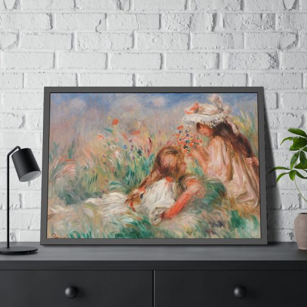 Girls in the Grass Arranging a Bouquet by Pierre-Auguste Renoir Framed Poster