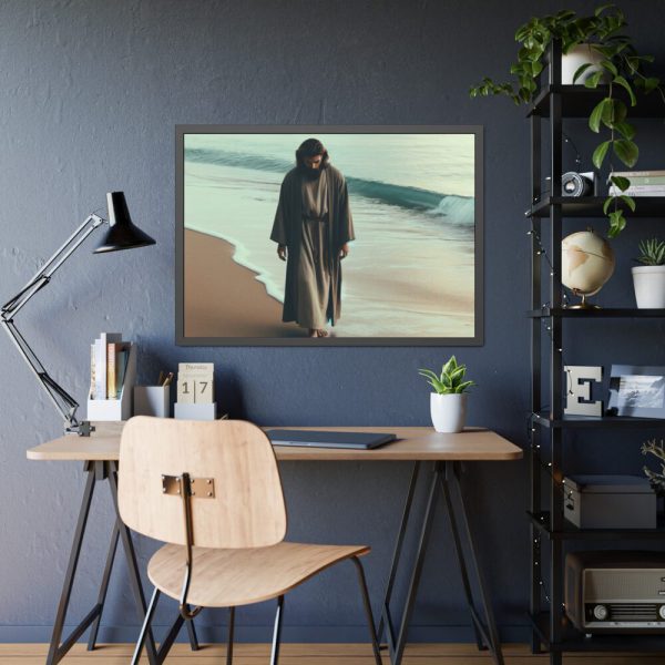 93855-321.jpg Person Walking at the Edge of the Surf on a Beach Framed Poster