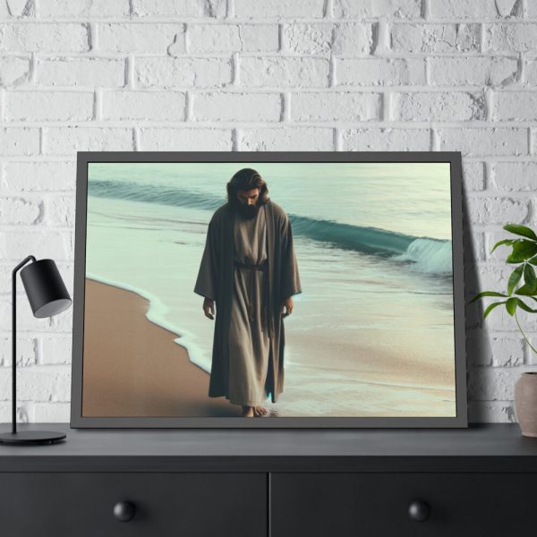 93855-322.jpg Person Walking at the Edge of the Surf on a Beach Framed Poster
