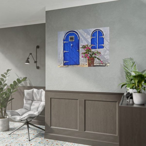 Blue Door and Pink Flower Poster