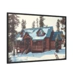 Snow Covered Log Cabin in the Forest Framed Canvas