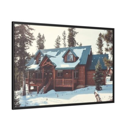 Snow Covered Log Cabin in the Forest Framed Canvas