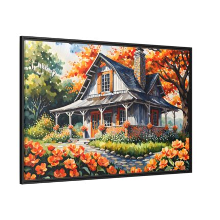 Old Fashioned Rustic Cottage in a Flower Garden Framed Canvas