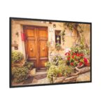 Wooden Door With Flowers in The Front Framed Canvas