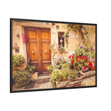 Wooden Door With Flowers in The Front Framed Canvas