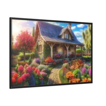 Flower Garden With Cottage Framed Canvas