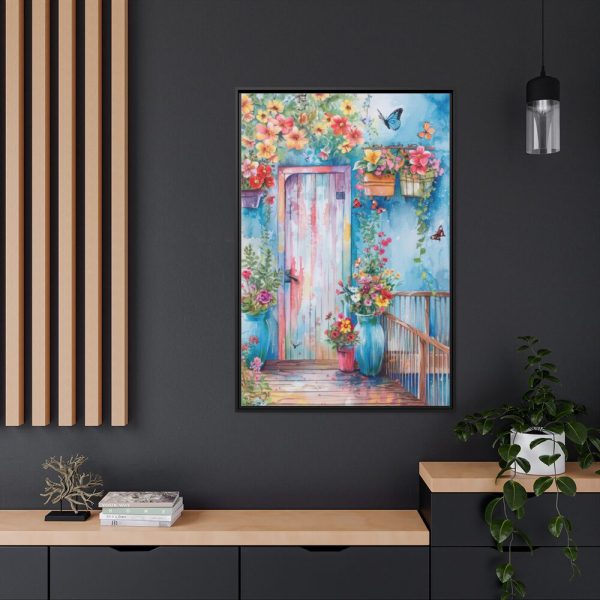 88299-69.jpg Whimsical Door With Garden of Potted Plants Framed Canvas