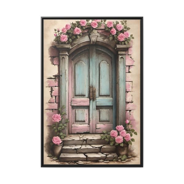 Old Door And Pink Roses Framed Canvas