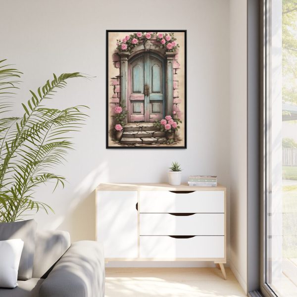Old Door And Pink Roses Framed Canvas