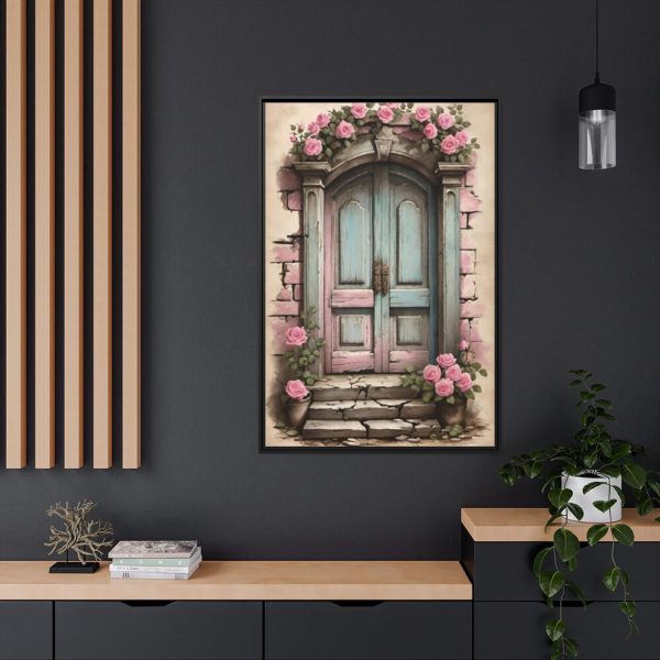 Old Door And Pink Roses Framed Canvas