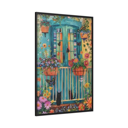 Blue Door With Black Cats Framed Canvas