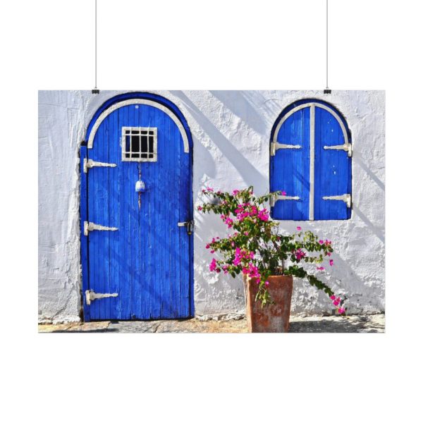 Blue Door and Pink Flower Poster