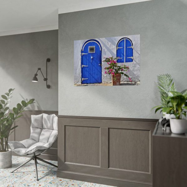 Blue Door and Pink Flower Poster