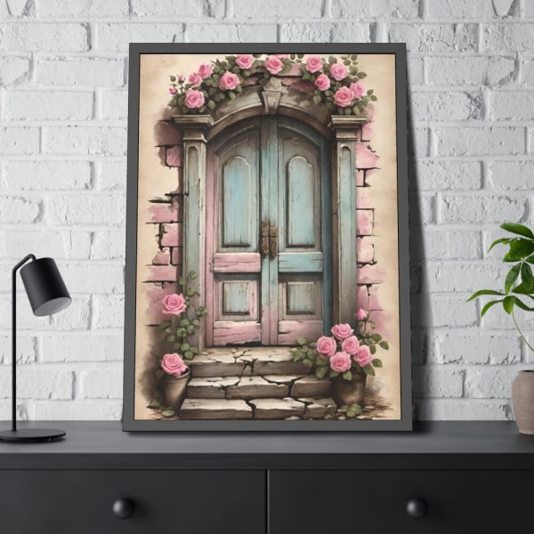 93830-79.jpg Old Door And Pink Roses Framed Poster