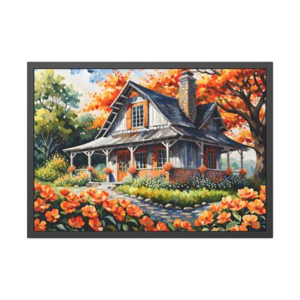 Old Fashioned Rustic Cottage in a Flower Garden Framed Canvas