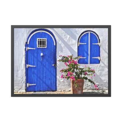 Blue Door and Pink Flower Framed Poster