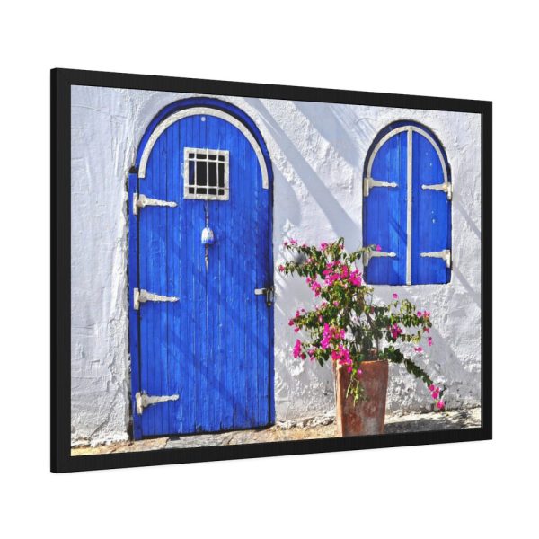 93854-205.jpg Blue Door and Pink Flower Framed Poster