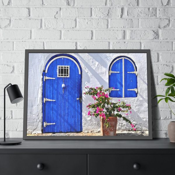 93854-207.jpg Blue Door and Pink Flower Framed Poster