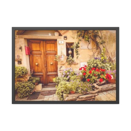 Wooden Door With Flowers in The Front Framed Poster