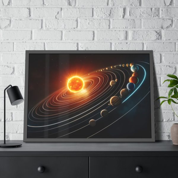 Vibrant Depiction of Solar System in Horizontal Format Framed Poster