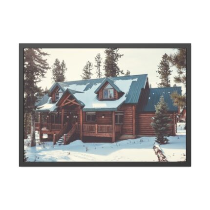 Snow Covered Log Cabin in the Forest Framed Poster
