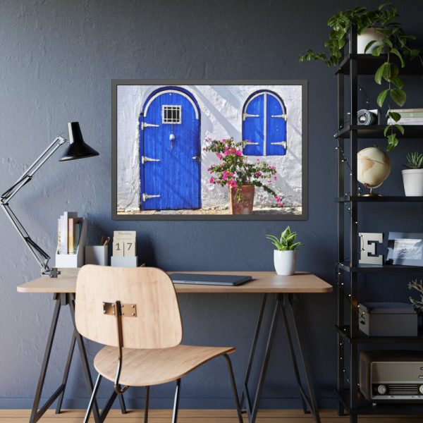 93855-203.jpg Blue Door and Pink Flower Framed Poster