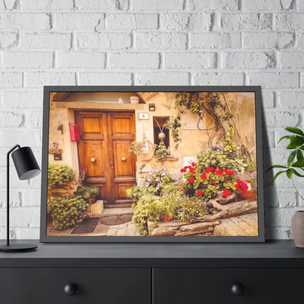 93855-208.jpg Wooden Door With Flowers in The Front Framed Poster