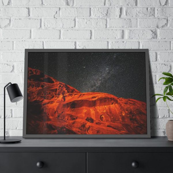 93855-256.jpg Glowing Red Mountain Under Starry Sky Framed Poster
