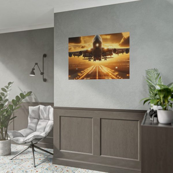 101875-389.jpg Airplane Taking Off From Runway at Sunset Poster