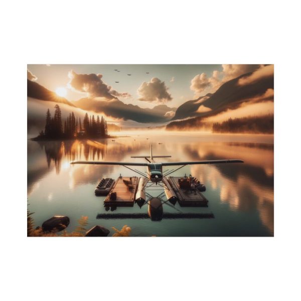 101875-395.jpg Floatplane Docked on Serene Lake at Sunrise Poster
