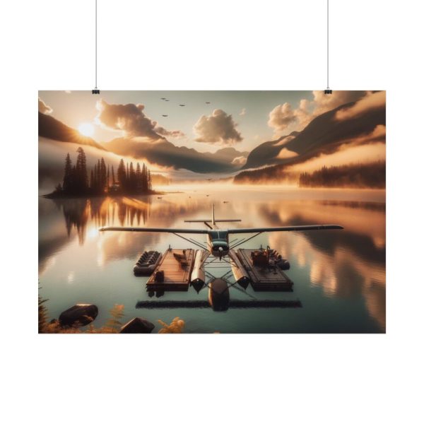 101875-396.jpg Floatplane Docked on Serene Lake at Sunrise Poster