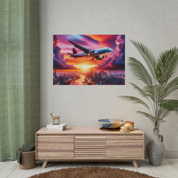 101875-403.jpg Large Airplane Flying During a Vibrant Sunset Poster
