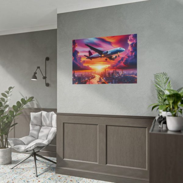 101875-404.jpg Large Airplane Flying During a Vibrant Sunset Poster