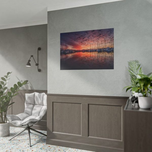 101875-534.jpg View of Pier With Boats at Sunset Poster
