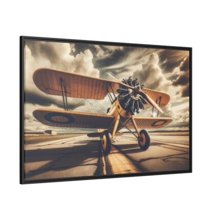 Yellow Vintage Biplane With Radial Engine Framed Canvas