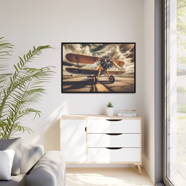 Yellow Vintage Biplane With Radial Engine Framed Canvas